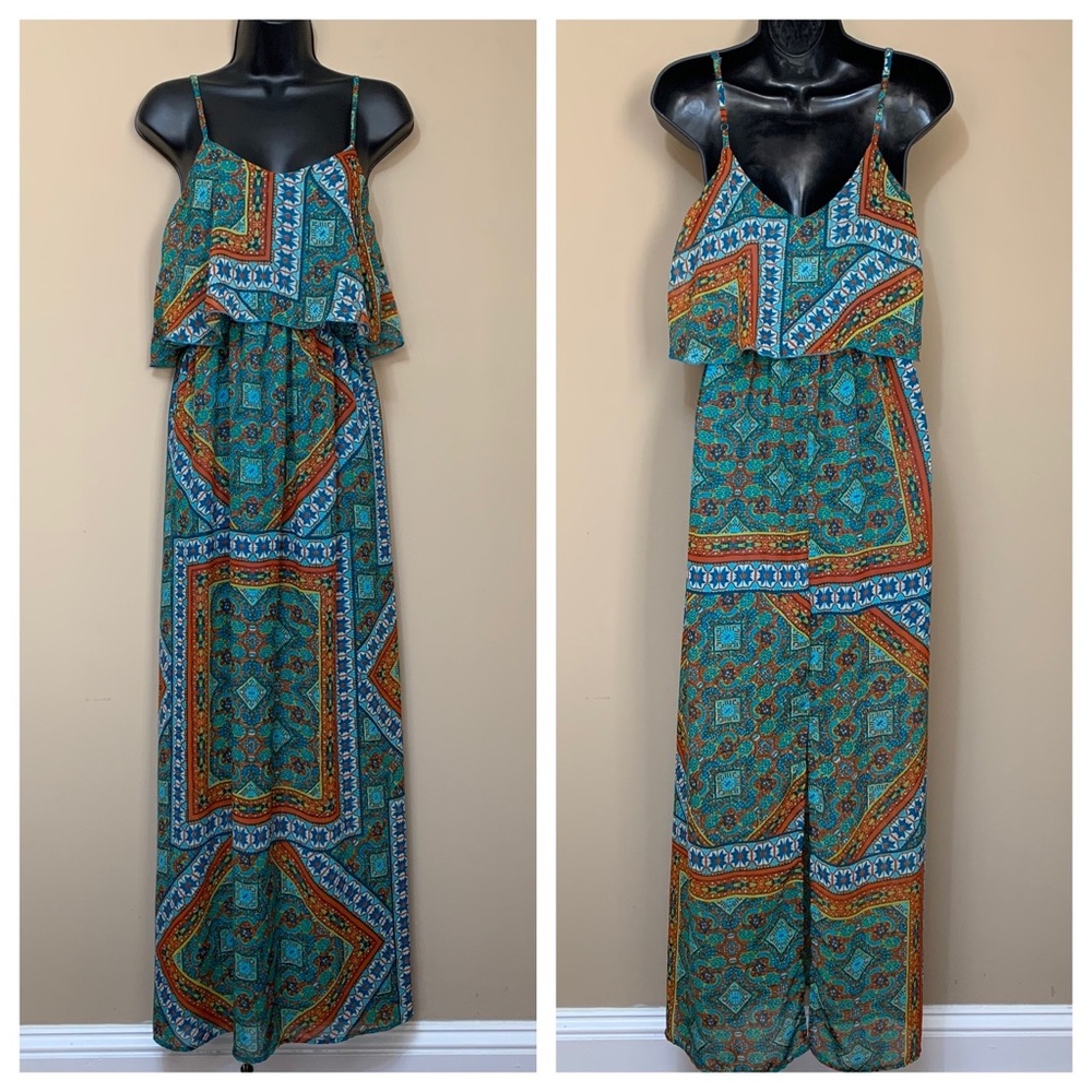 Love Reign Bright Teal Blue Orange Pattern Tiered Tank Maxi Dress